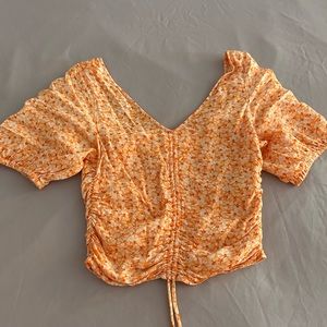 H&M orange floral drawstring blouse
